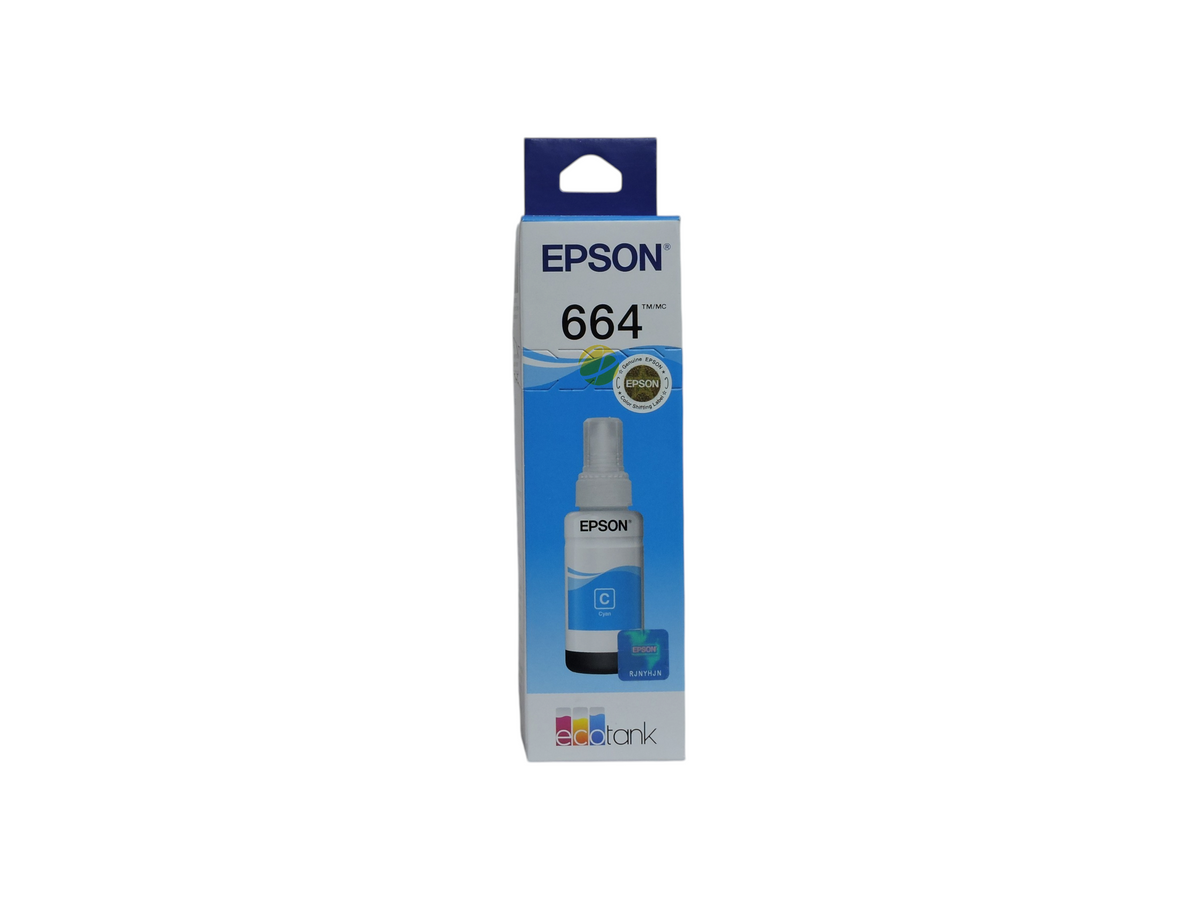 Botella de tinta cyan original Epson T664 para impresoras EcoTank de Compras Perfectas en su caja de empaque