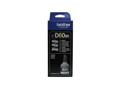 Botella de tinta negra original Brother BTD60BK en su caja, vendida por Compras Perfectas para impresoras InkBenefit
