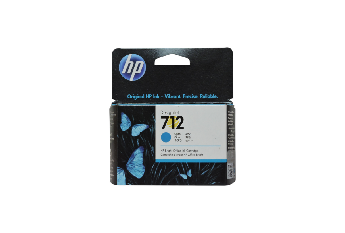 Cartucho de tinta cian original HP 712 de Compras Perfectas para impresoras DesignJet con diseño de mariposas