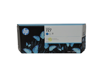 Cartucho de tinta cian original HP 727 de 300 ml para impresoras DesignJet, disponible en Compras Perfectas.