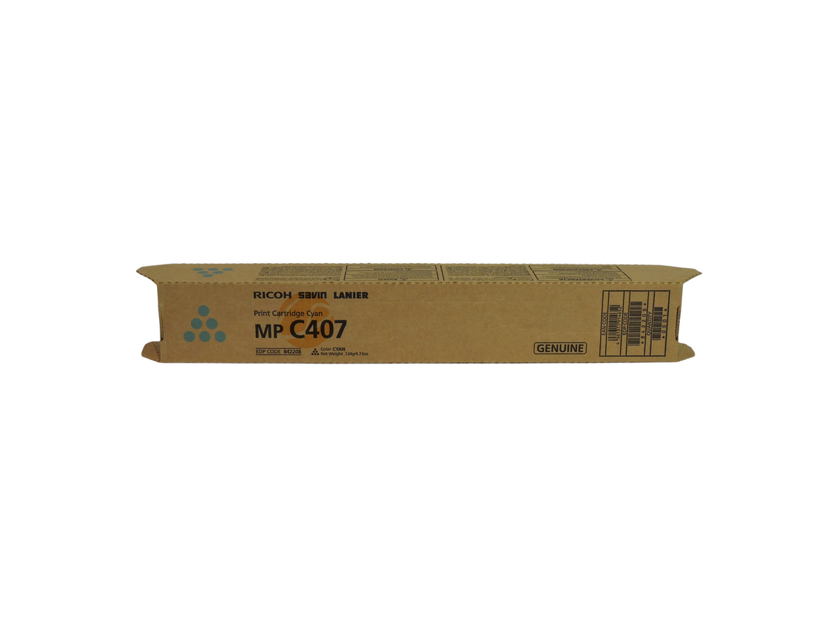 Cartucho de tóner cian original Ricoh MP C407 de Compras Perfectas en su caja de cartón marrón para impresoras láser