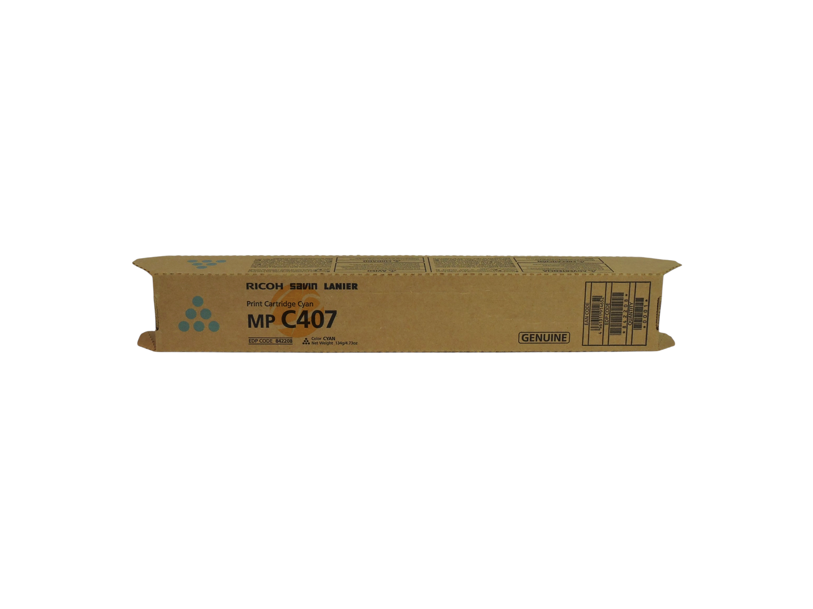 Cartucho de tóner cian original Ricoh MP C407 de Compras Perfectas en su caja de cartón marrón para impresoras láser