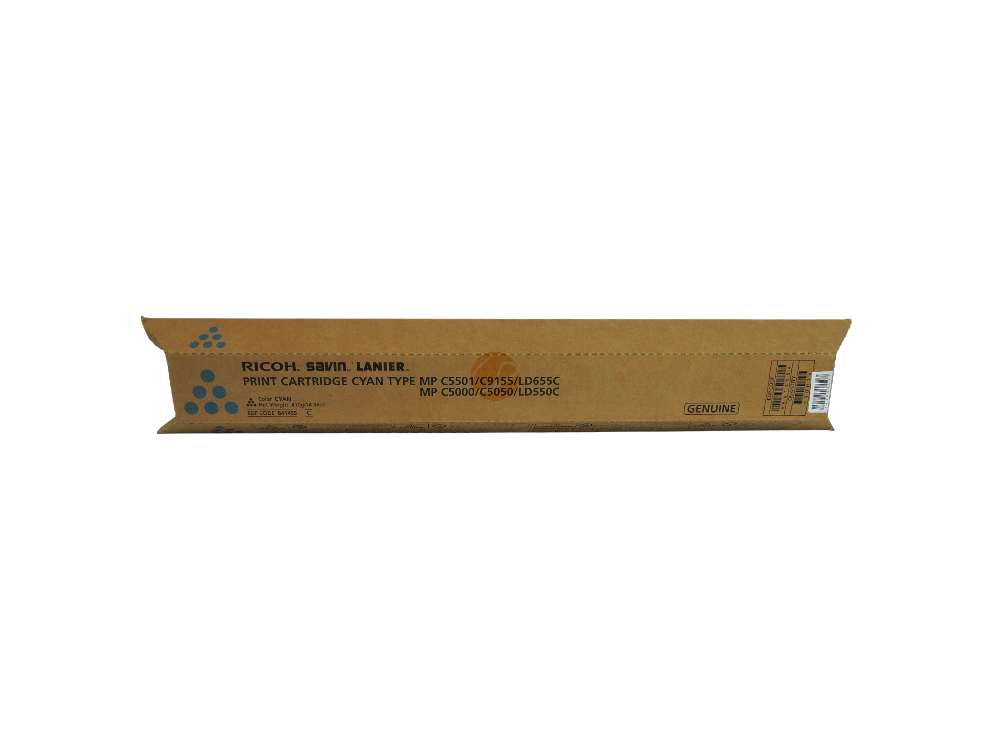 Cartucho de tóner cian original Ricoh de Compras Perfectas para impresoras láser MP C5501 en su embalaje de cartón