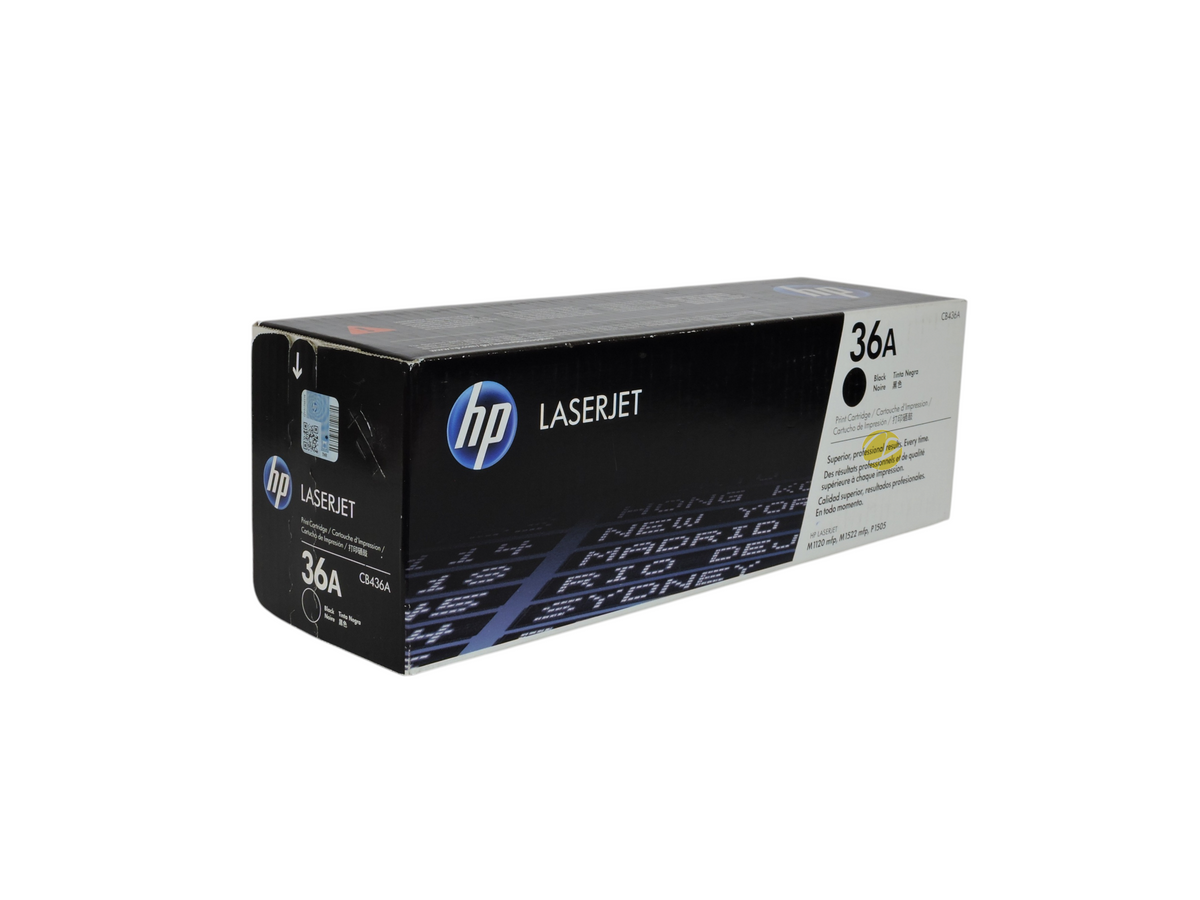 Cartucho de tóner negro original HP 36A para impresoras LaserJet, disponible en Compras Perfectas.