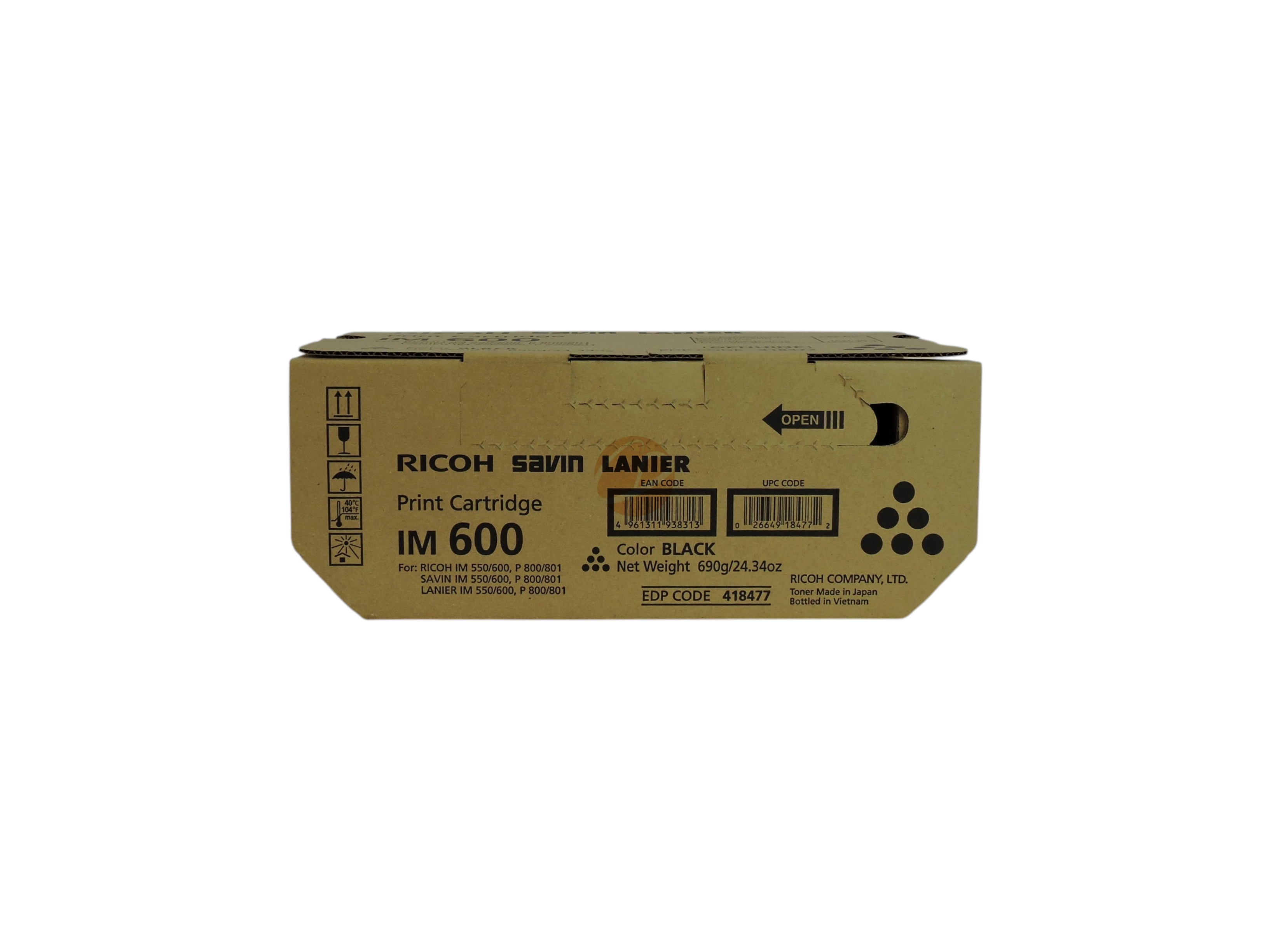Cartucho de tóner negro original Compras Perfectas para impresoras Ricoh IM 600, P 800 y P 801 en su caja de cartón.
