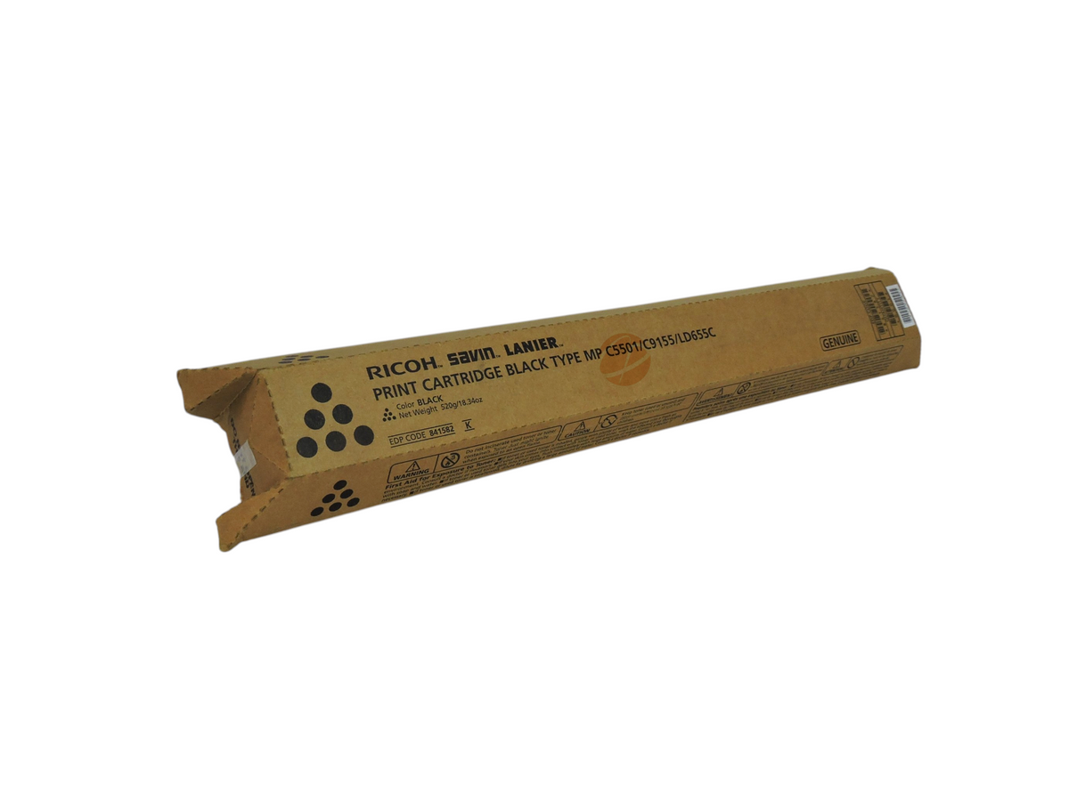 Cartucho de tóner negro original Ricoh MP C5501 en su caja de cartón de Compras Perfectas