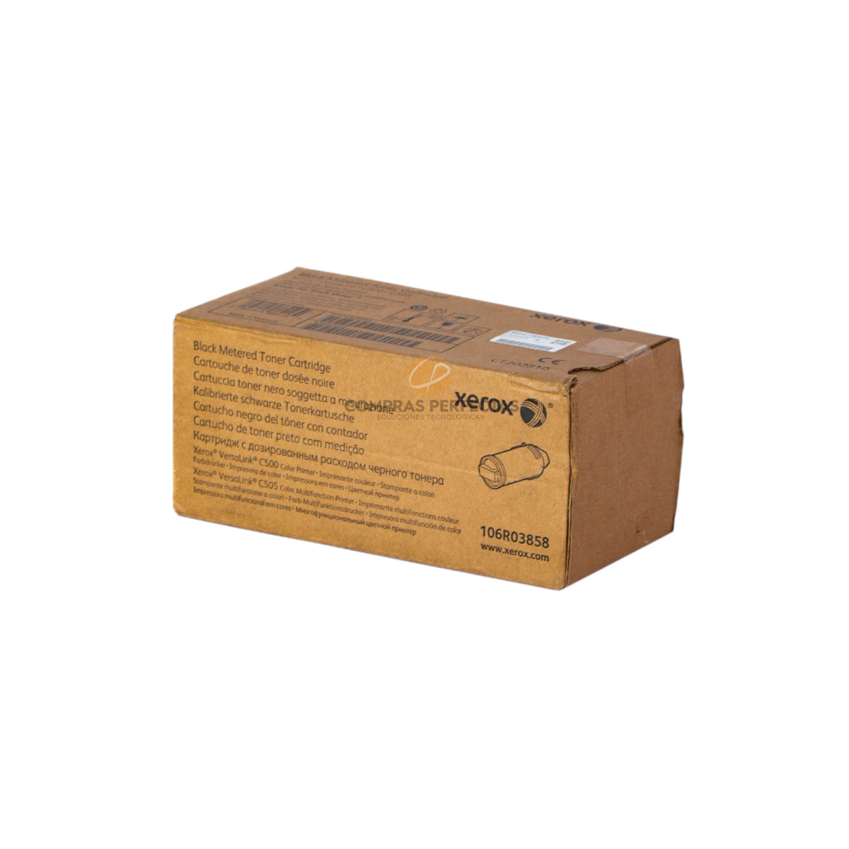 Cartucho de tóner negro original Xerox 106R03858 de Compras Perfectas en su caja de cartón para impresoras láser.