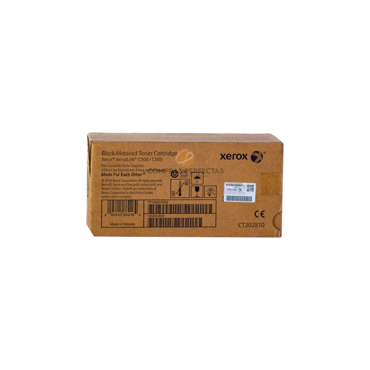Cartucho de tóner negro original Xerox para impresoras láser, vendido por Compras Perfectas, caja de embalaje.