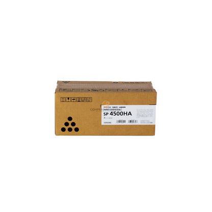 Cartucho de tóner negro original Ricoh SP 4500HA en su caja de cartón de Compras Perfectas
